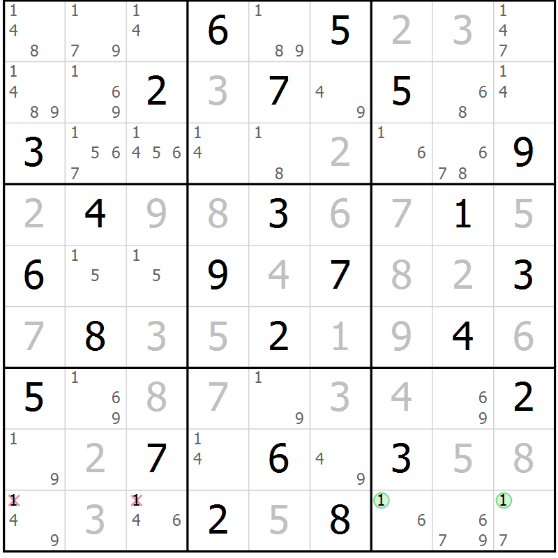 Position des candidats pour la solution de la Gr 54 page 57 du magazine de sudoku Virtuose n° 108