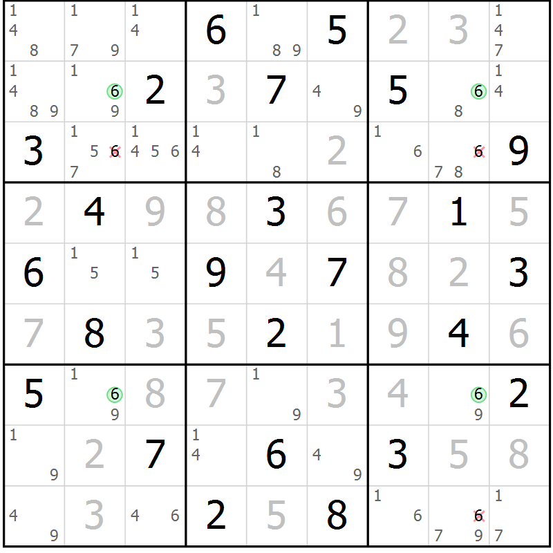 Position des candidats pour la solution de la Gr 54 page 57 du magazine de sudoku Virtuose n° 108