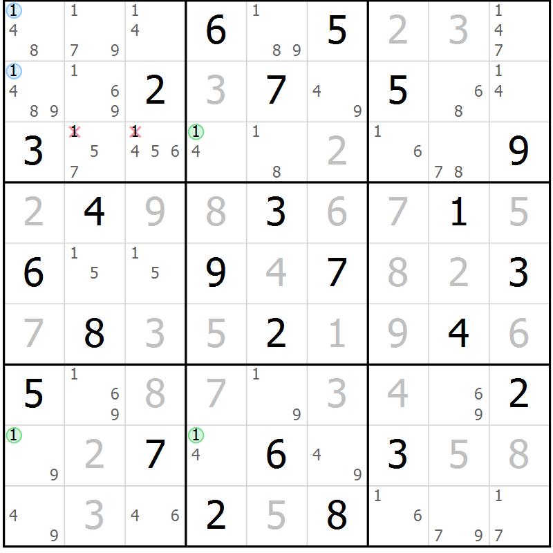 Position des candidats pour la solution de la Gr 54 page 57 du magazine de sudoku Virtuose n° 108