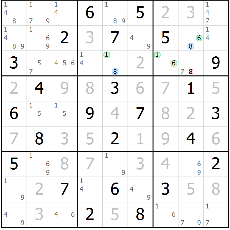 Position des candidats pour la solution de la Gr 54 page 57 du magazine de sudoku Virtuose n° 108