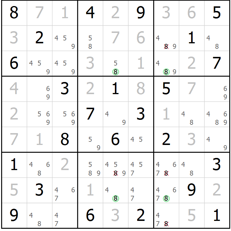 Position des candidats pour la solution de la Gr 55 page 58 du magazine de sudoku Virtuose n° 108
