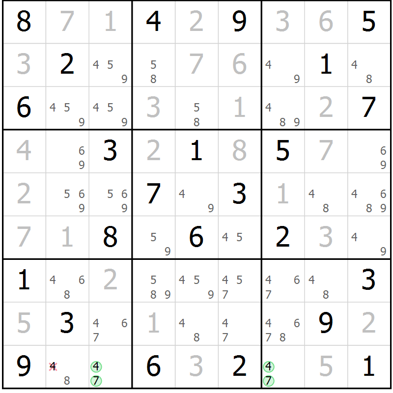 Position des candidats pour la solution de la Gr 55 page 58 du magazine de sudoku Virtuose n° 108