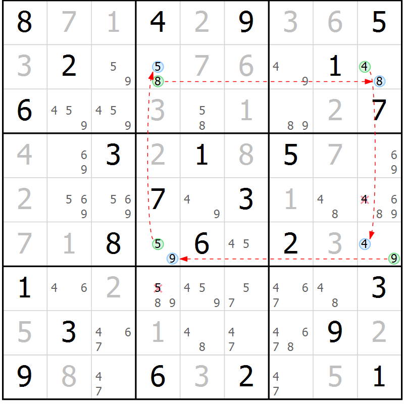 Position des candidats pour la solution de la Gr 55 page 58 du magazine de sudoku Virtuose n° 108