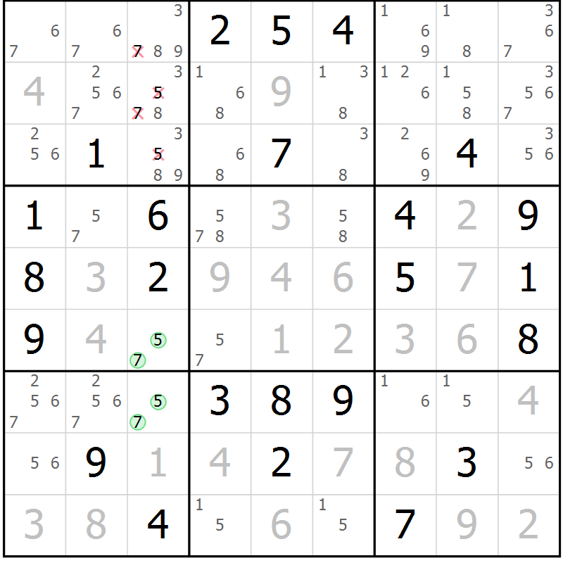 Position des candidats pour la solution de la Gr 56 page 59 du magazine de sudoku Virtuose n° 108