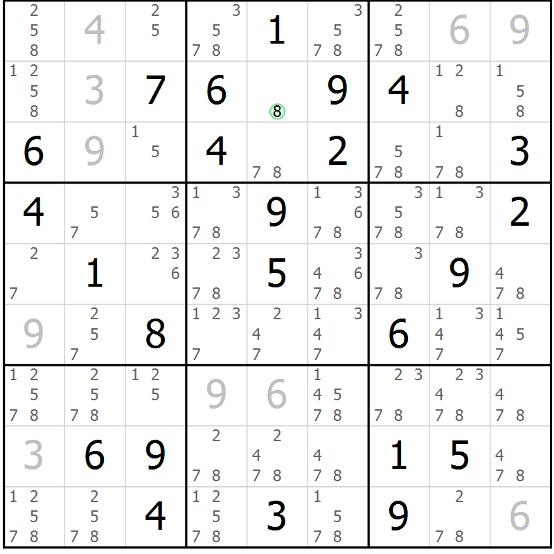 Position des candidats pour la solution de la Gr 58 page 61 du magazine de sudoku Virtuose n° 108