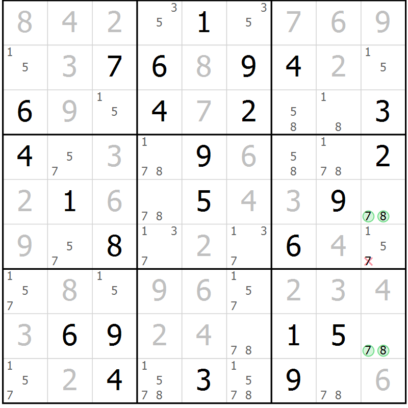 Position des candidats pour la solution de la Gr 58 page 61 du magazine de sudoku Virtuose n° 108