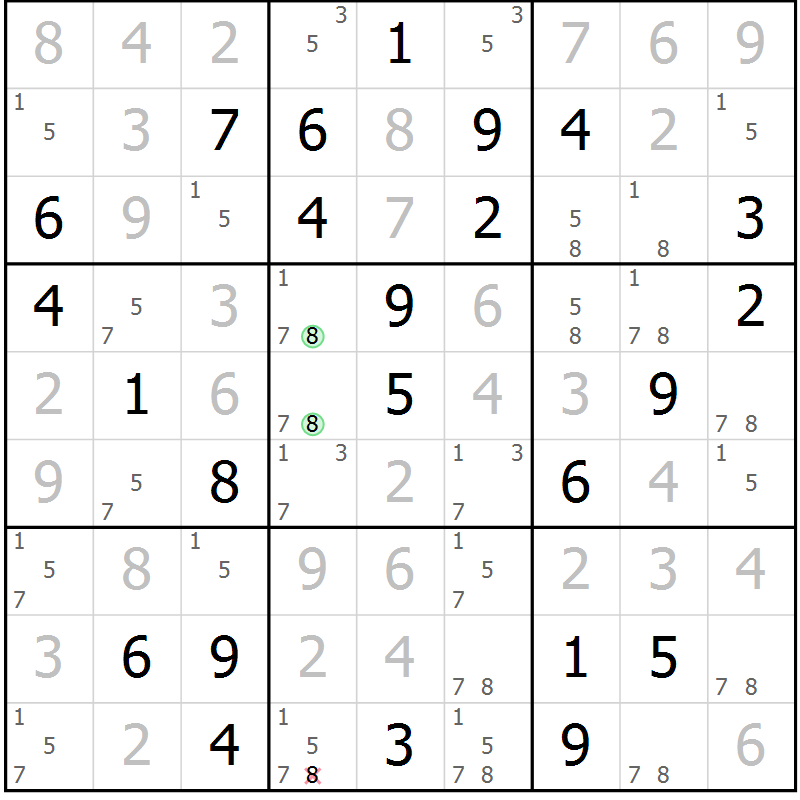 Position des candidats pour la solution de la Gr 58 page 61 du magazine de sudoku Virtuose n° 108