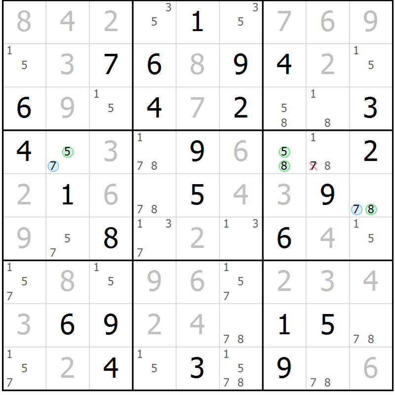 Position des candidats pour la solution de la Gr 58 page 61 du magazine de sudoku Virtuose n° 108