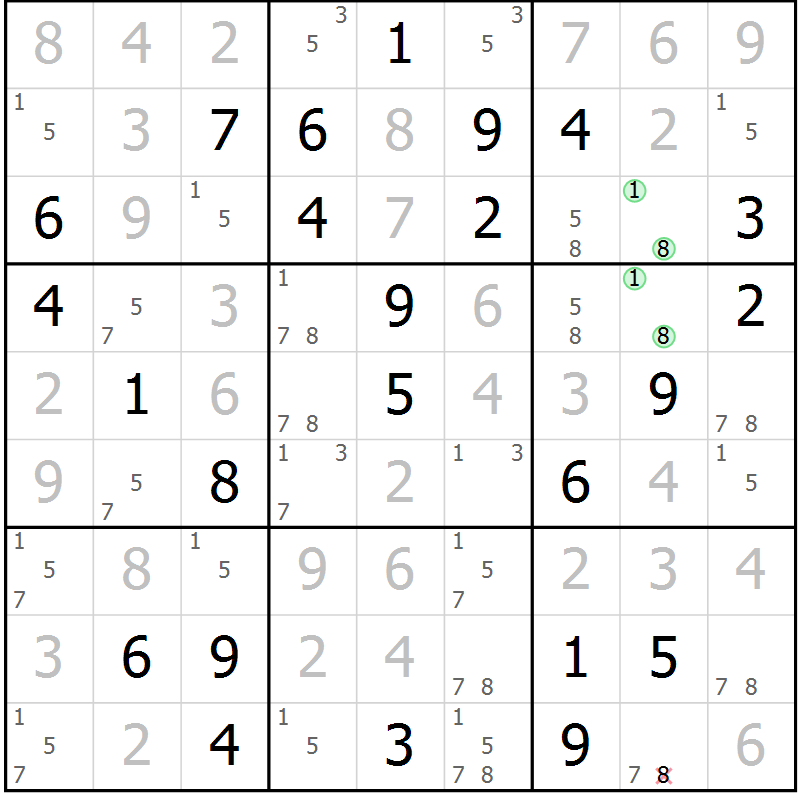 Position des candidats pour la solution de la Gr 58 page 61 du magazine de sudoku Virtuose n° 108
