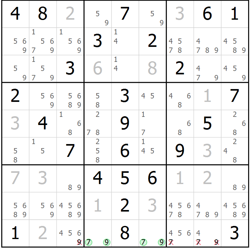 Position des candidats pour la solution de la Gr 59 page 62 du magazine de sudoku Virtuose n° 108