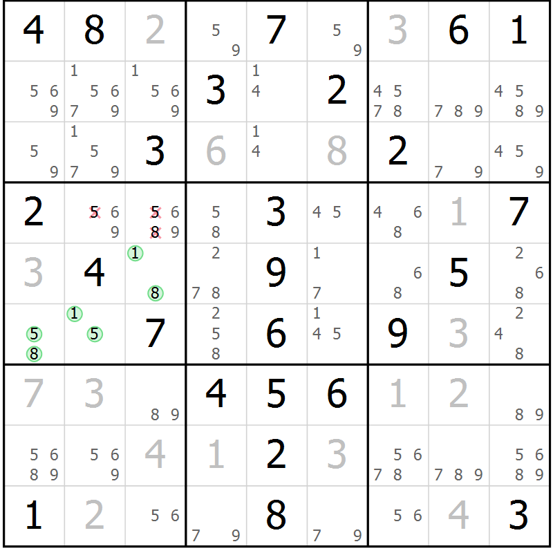Position des candidats pour la solution de la Gr 59 page 62 du magazine de sudoku Virtuose n° 108