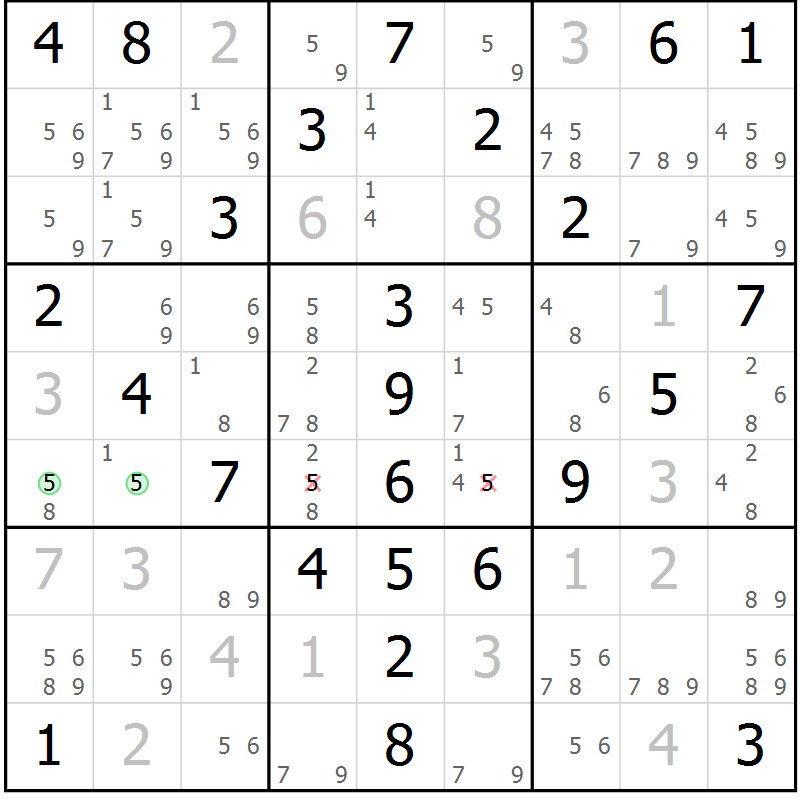 Position des candidats pour la solution de la Gr 59 page 62 du magazine de sudoku Virtuose n° 108