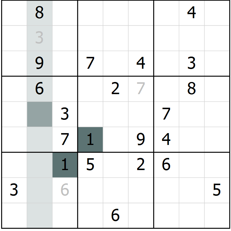Position des candidats pour la solution de la Gr 6 page 9 du magazine de sudoku Virtuose n° 108