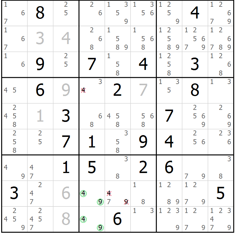Position des candidats pour la solution de la Gr 6 page 9 du magazine de sudoku Virtuose n° 108