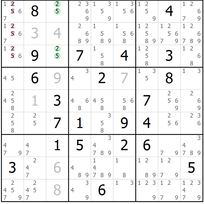 Position des candidats pour la solution de la Gr 6 page 9 du magazine de sudoku Virtuose n° 108