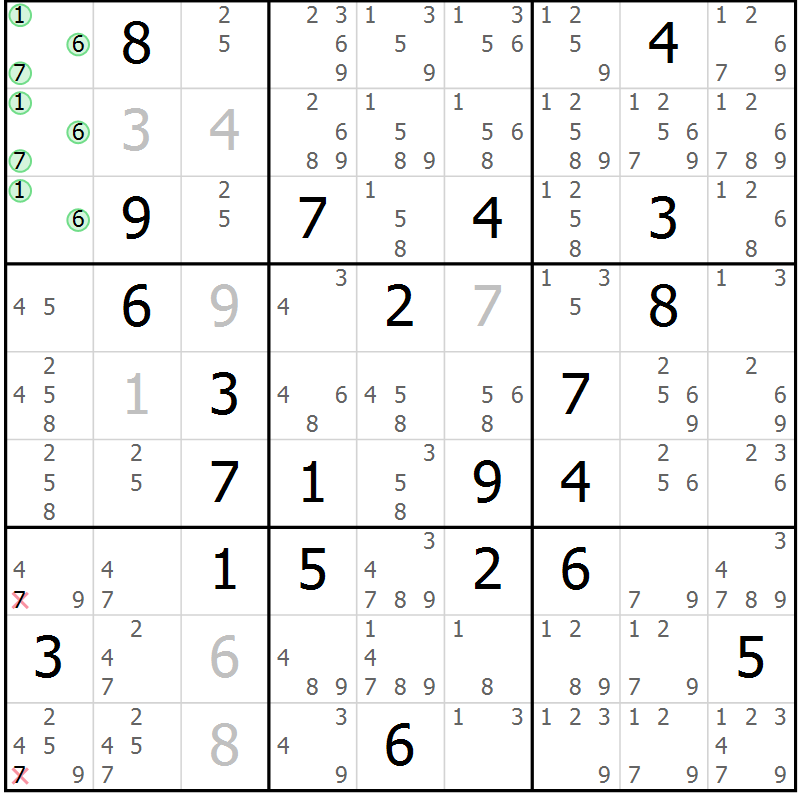 Position des candidats pour la solution de la Gr 6 page 9 du magazine de sudoku Virtuose n° 108