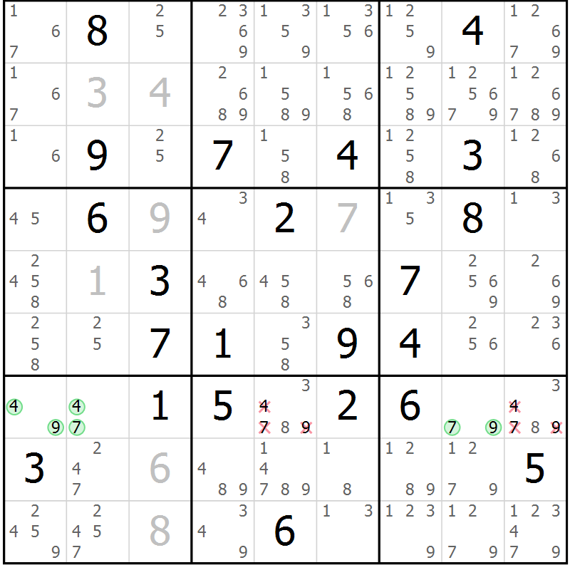 Position des candidats pour la solution de la Gr 6 page 9 du magazine de sudoku Virtuose n° 108