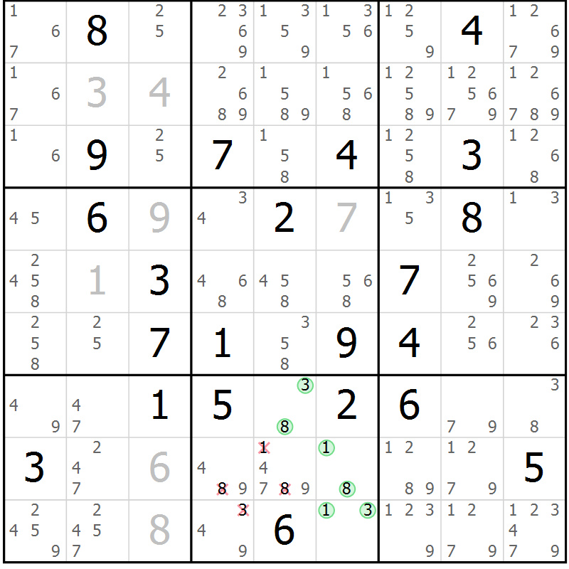 Position des candidats pour la solution de la Gr 6 page 9 du magazine de sudoku Virtuose n° 108