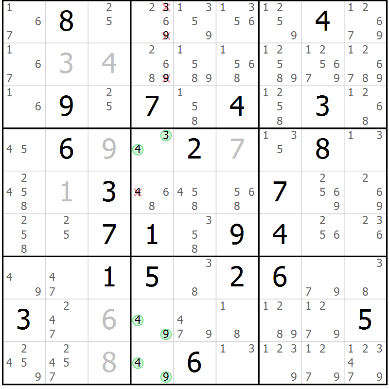Position des candidats pour la solution de la Gr 6 page 9 du magazine de sudoku Virtuose n° 108