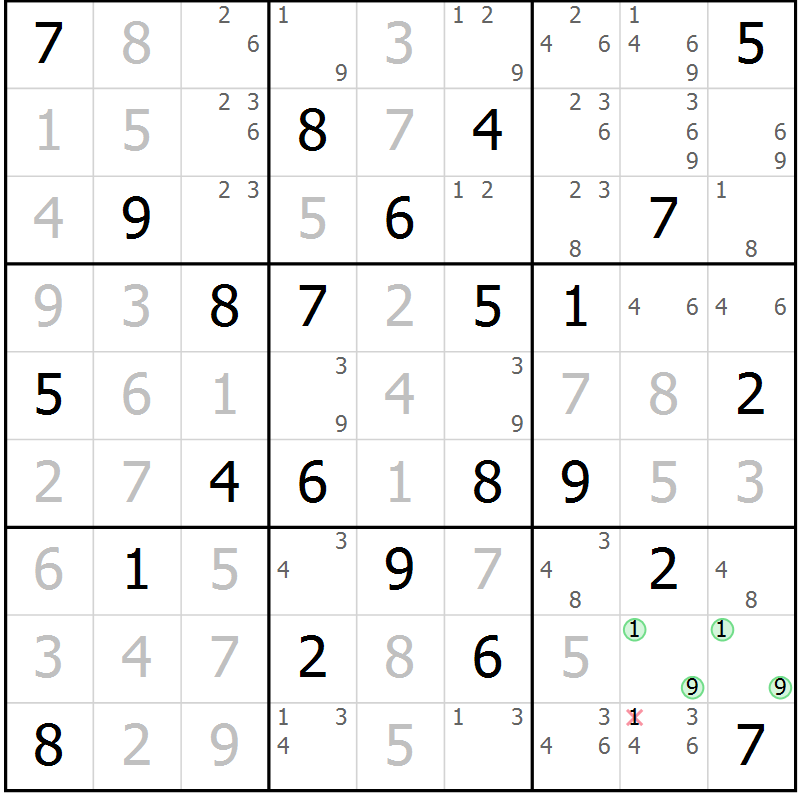 Position des candidats pour la solution de la Gr 61 page 64 du magazine de sudoku Virtuose n° 108