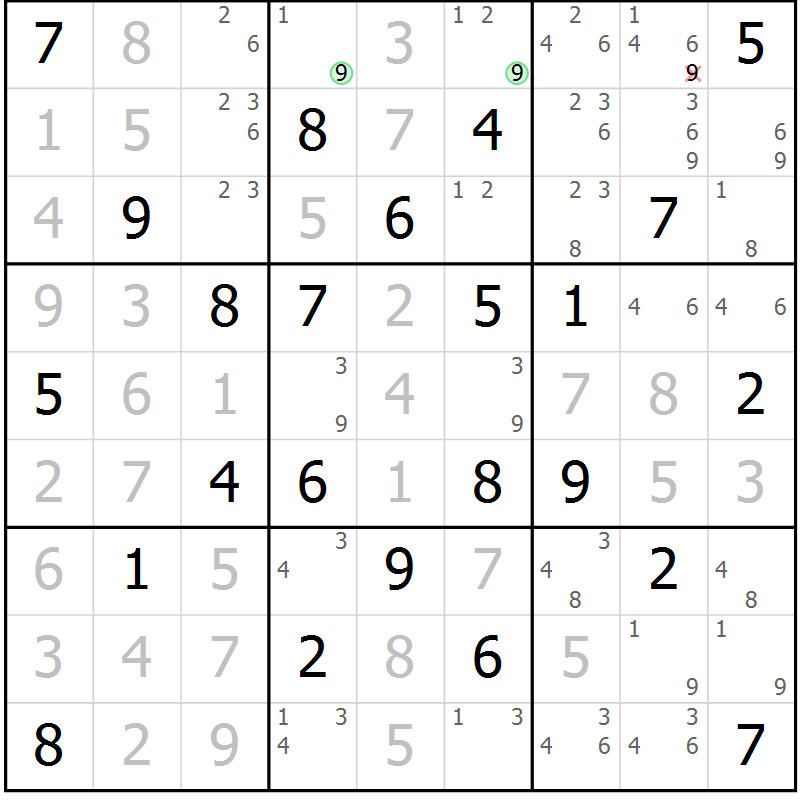 Position des candidats pour la solution de la Gr 61 page 64 du magazine de sudoku Virtuose n° 108