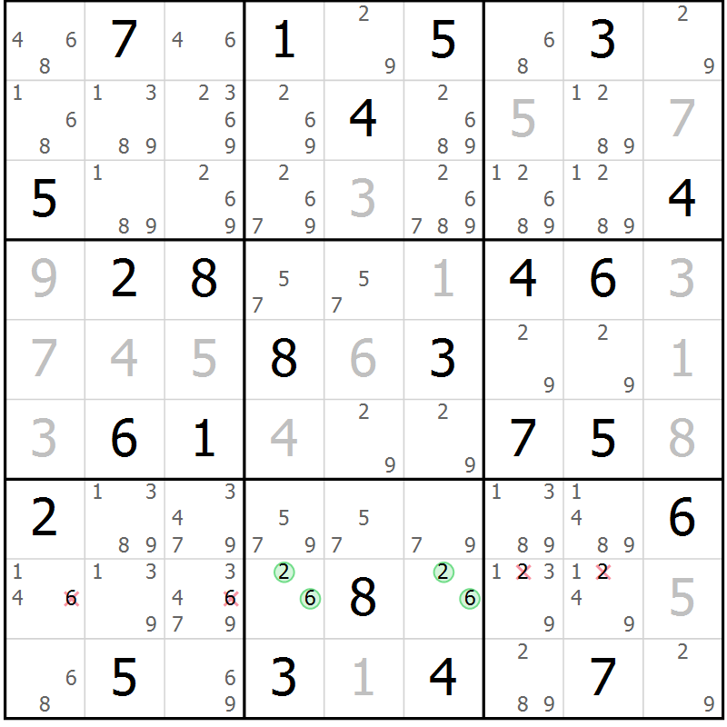 Position des candidats pour la solution de la Gr 62 page 65 du magazine de sudoku Virtuose n° 108