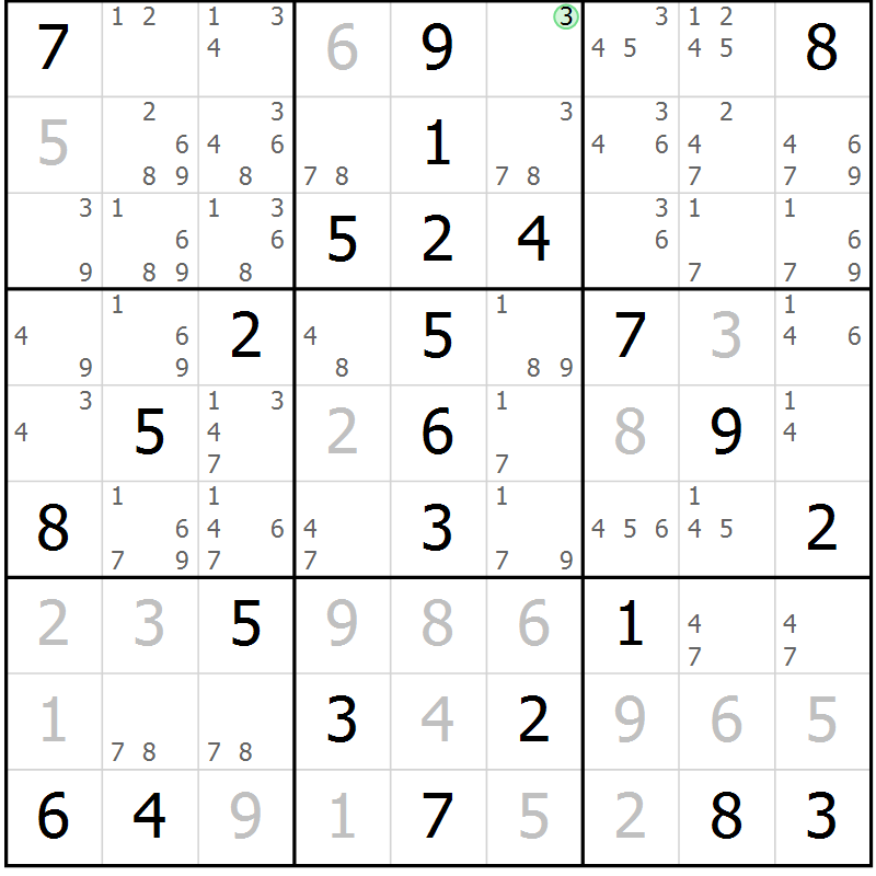 Position des candidats pour la solution de la Gr 64 page 67 du magazine de sudoku Virtuose n° 108
