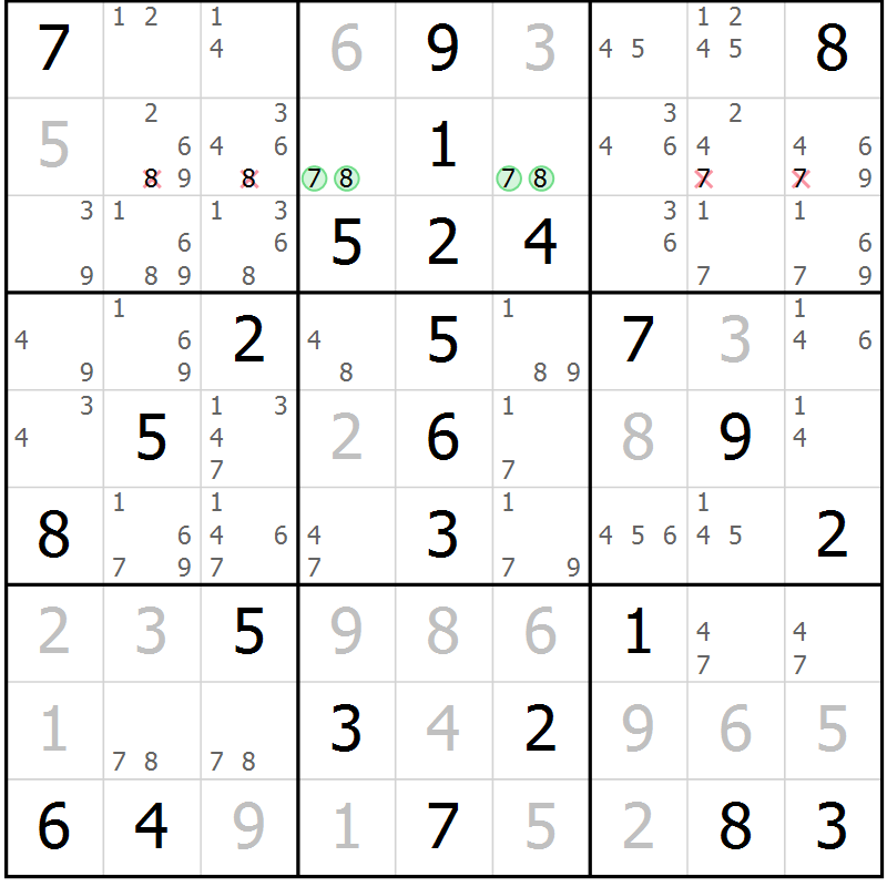 Position des candidats pour la solution de la Gr 64 page 67 du magazine de sudoku Virtuose n° 108