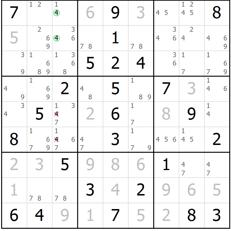 Position des candidats pour la solution de la Gr 64 page 67 du magazine de sudoku Virtuose n° 108