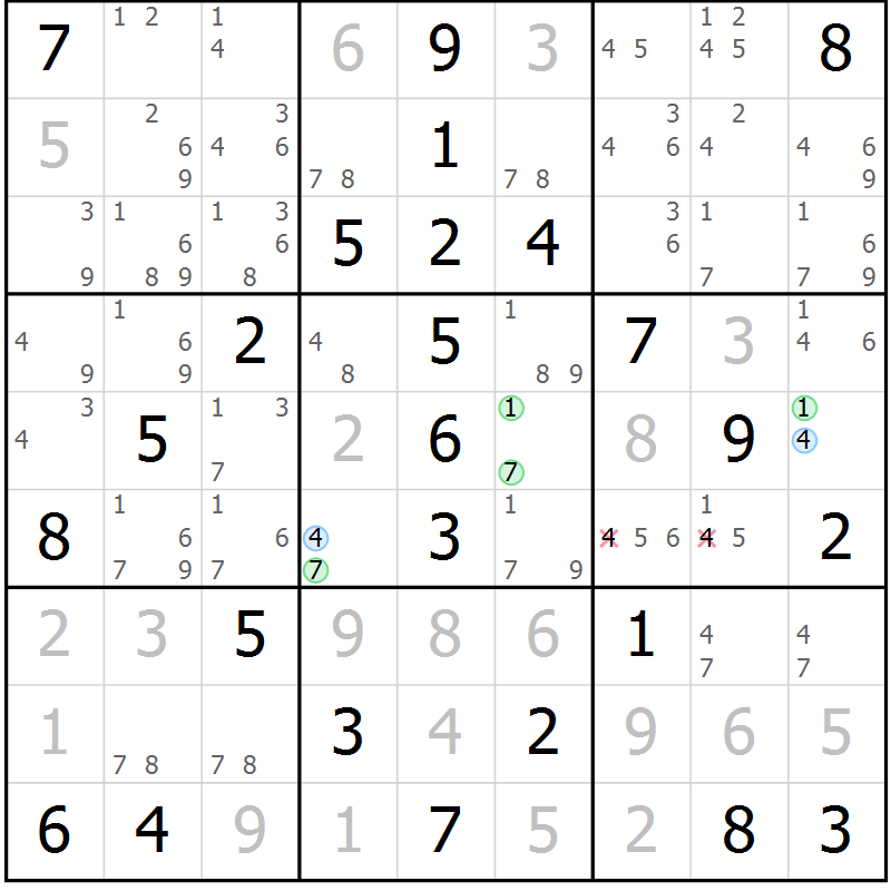 Position des candidats pour la solution de la Gr 64 page 67 du magazine de sudoku Virtuose n° 108