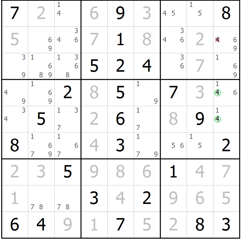 Position des candidats pour la solution de la Gr 64 page 67 du magazine de sudoku Virtuose n° 108