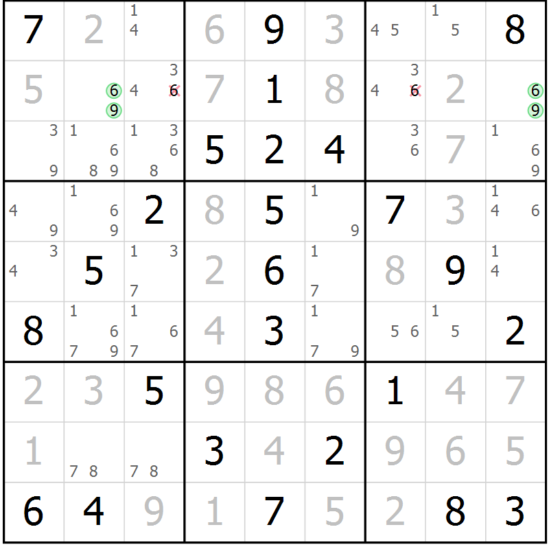 Position des candidats pour la solution de la Gr 64 page 67 du magazine de sudoku Virtuose n° 108