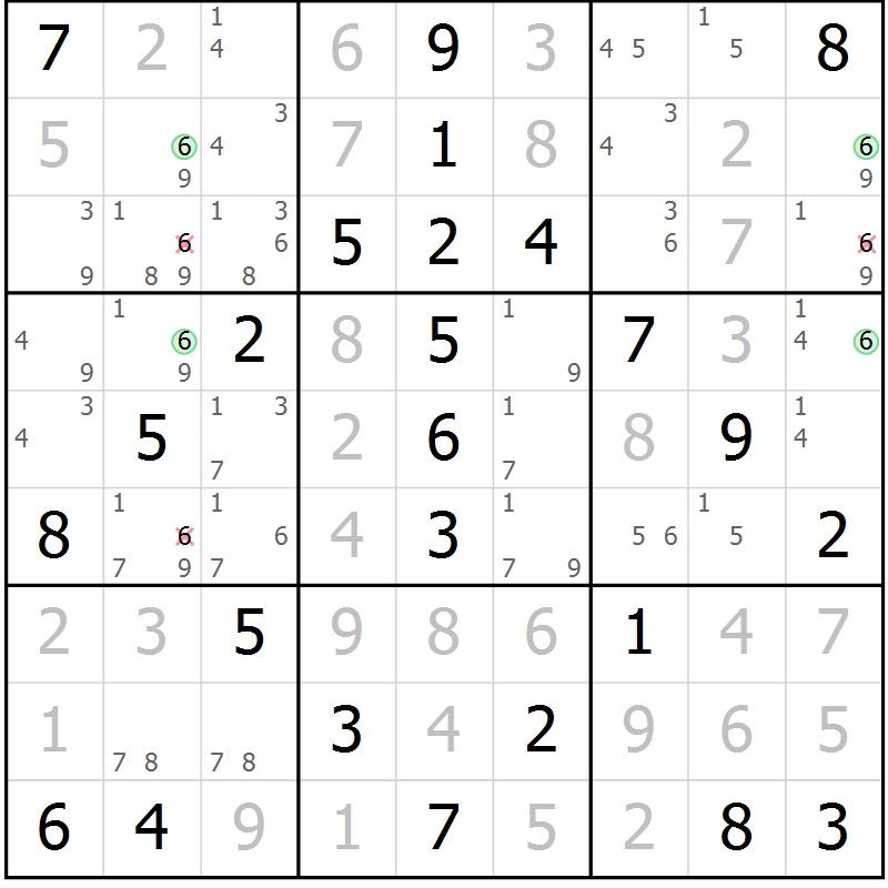 Position des candidats pour la solution de la Gr 64 page 67 du magazine de sudoku Virtuose n° 108