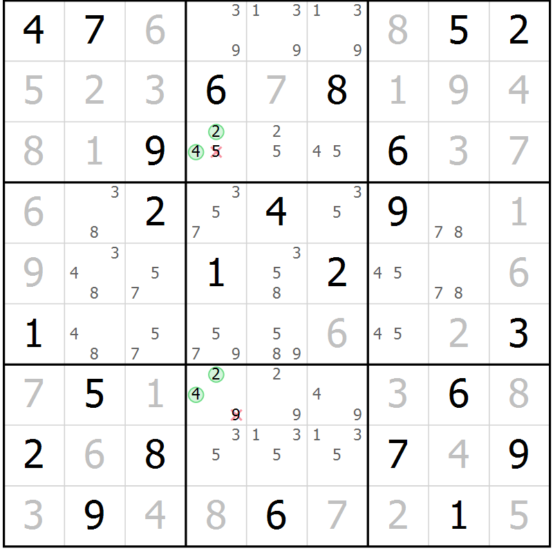 Position des candidats pour la solution de la Gr 65 page 68 du magazine de sudoku Virtuose n° 108