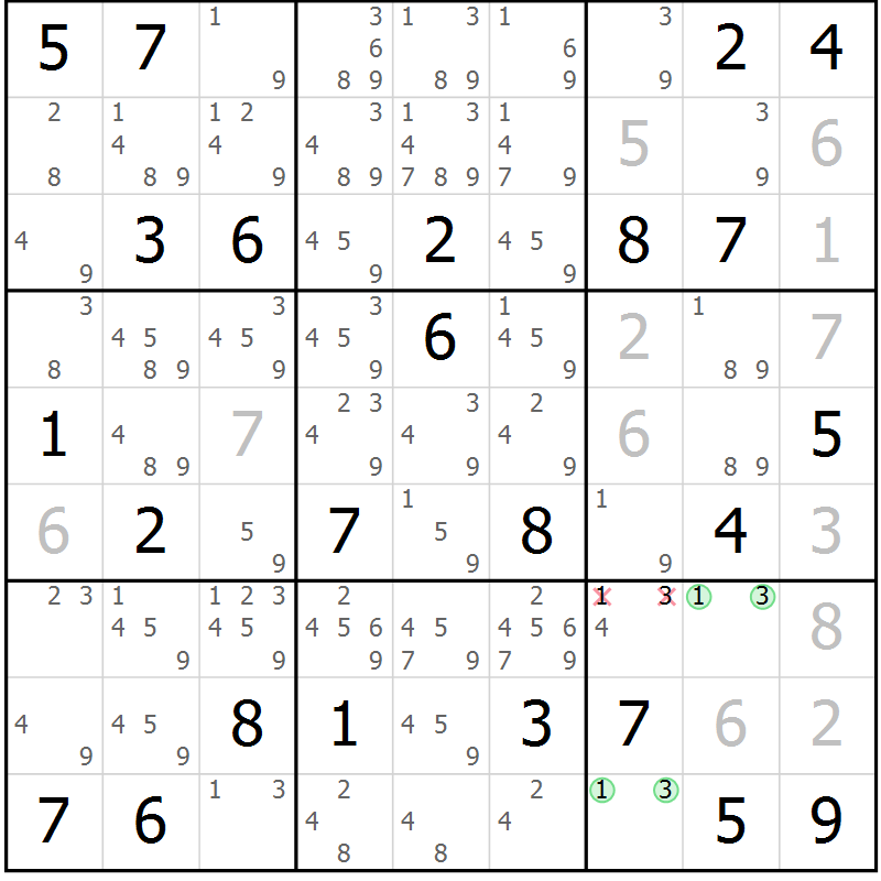 Position des candidats pour la solution de la Gr 66 page 69 du magazine de sudoku Virtuose n° 108
