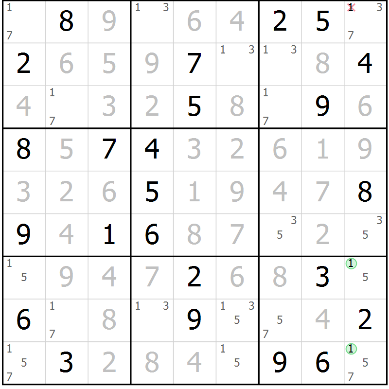 Position des candidats pour la solution de la Gr 67 page 70 du magazine de sudoku Virtuose n° 108