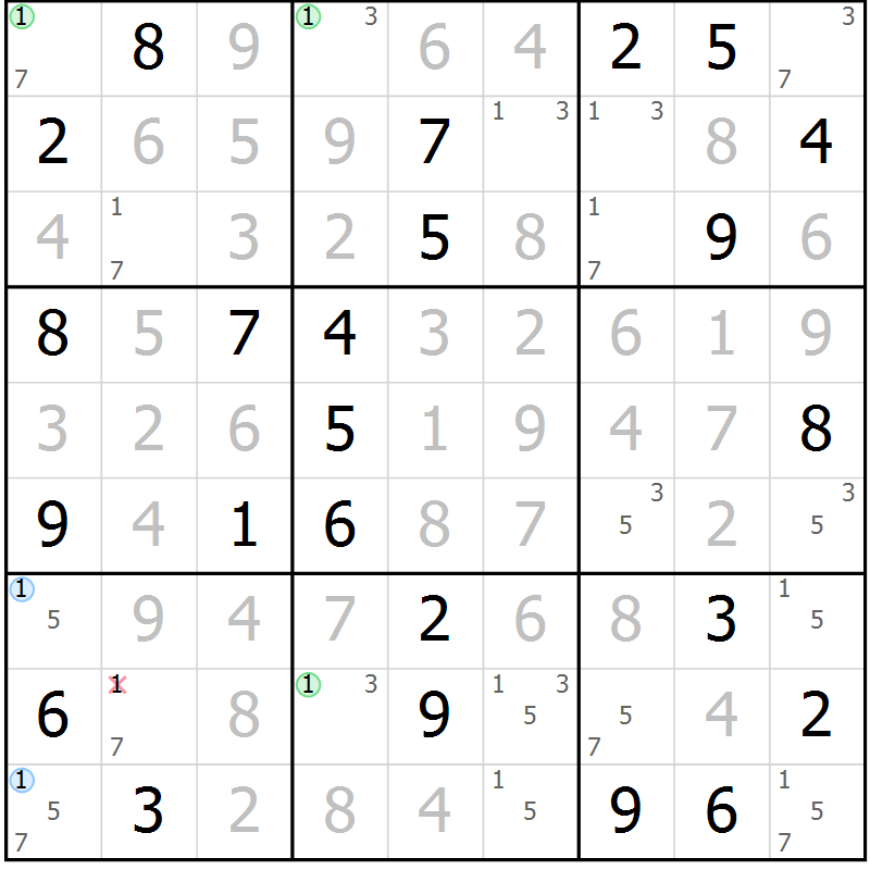 Position des candidats pour la solution de la Gr 67 page 70 du magazine de sudoku Virtuose n° 108