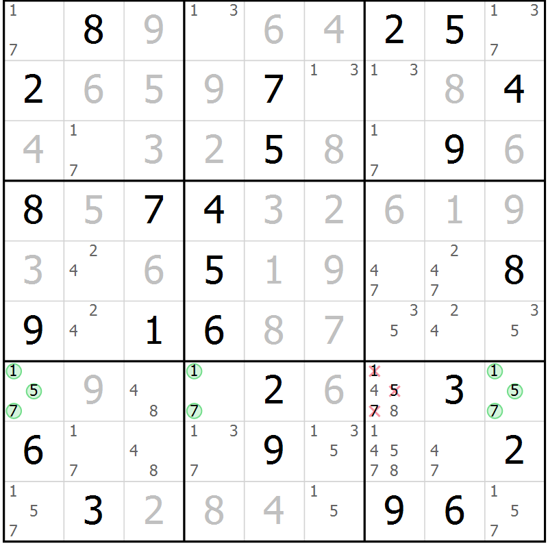 Position des candidats pour la solution de la Gr 67 page 70 du magazine de sudoku Virtuose n° 108
