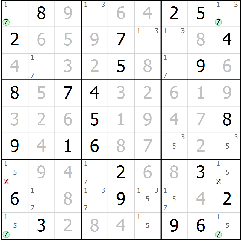 Position des candidats pour la solution de la Gr 67 page 70 du magazine de sudoku Virtuose n° 108