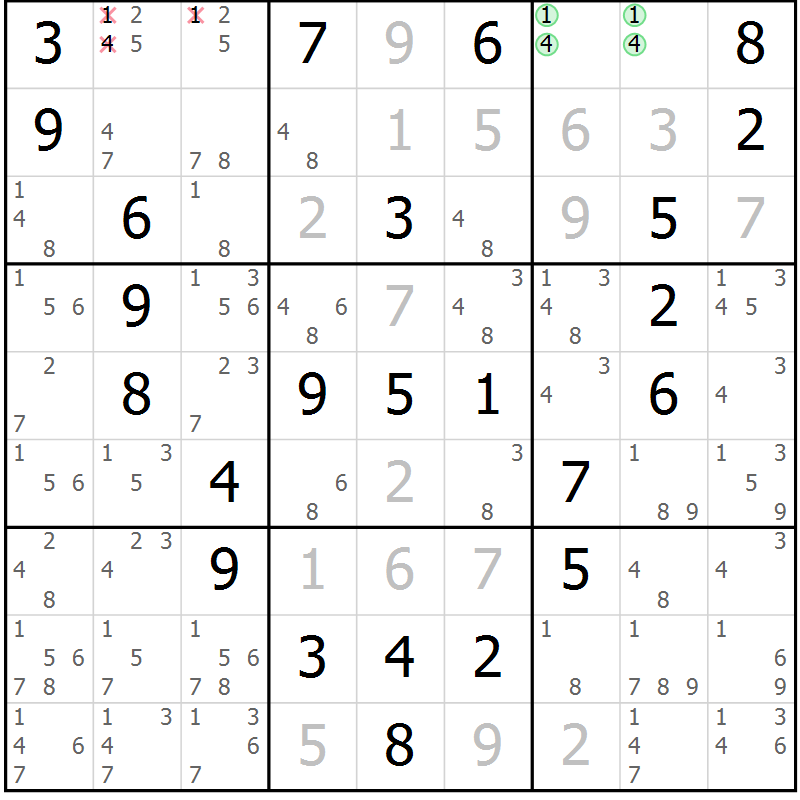 Position des candidats pour la solution de la Gr 68 page 71 du magazine de sudoku Virtuose n° 108
