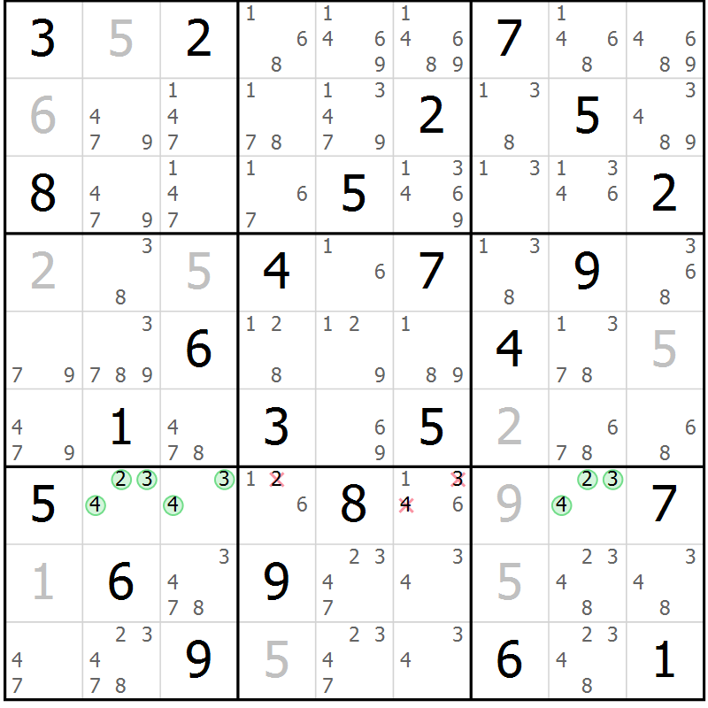 Position des candidats pour la solution de la Gr 69 page 72 du magazine de sudoku Virtuose n° 108