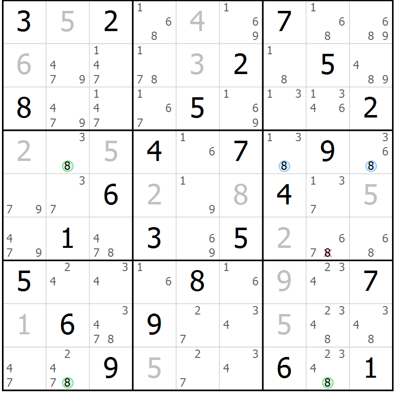 Position des candidats pour la solution de la Gr 69 page 72 du magazine de sudoku Virtuose n° 108