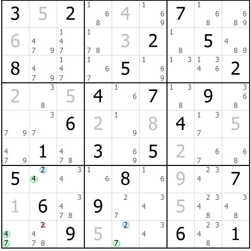 Position des candidats pour la solution de la Gr 69 page 72 du magazine de sudoku Virtuose n° 108