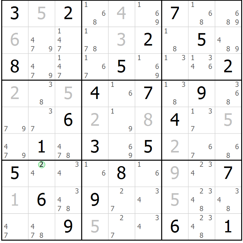 Position des candidats pour la solution de la Gr 69 page 72 du magazine de sudoku Virtuose n° 108