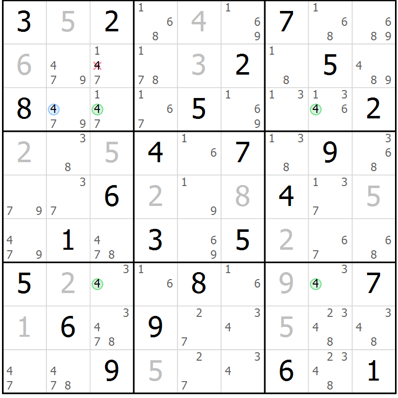 Position des candidats pour la solution de la Gr 69 page 72 du magazine de sudoku Virtuose n° 108
