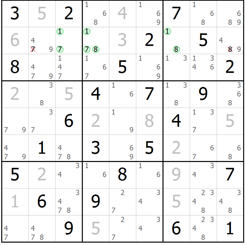 Position des candidats pour la solution de la Gr 69 page 72 du magazine de sudoku Virtuose n° 108