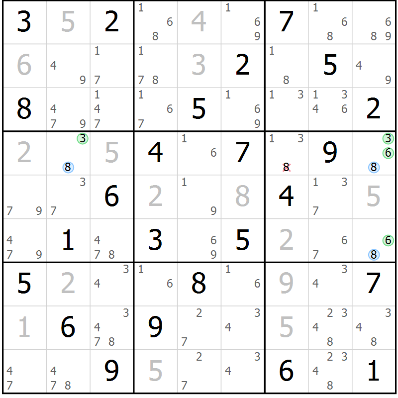 Position des candidats pour la solution de la Gr 69 page 72 du magazine de sudoku Virtuose n° 108