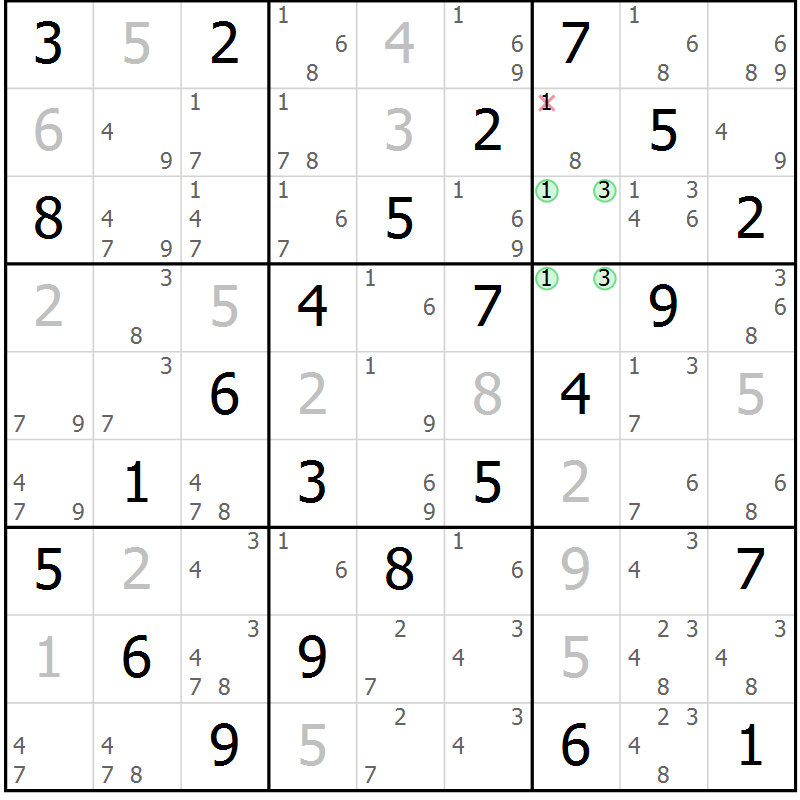 Position des candidats pour la solution de la Gr 69 page 72 du magazine de sudoku Virtuose n° 108
