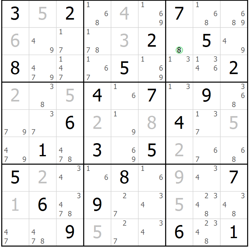 Position des candidats pour la solution de la Gr 69 page 72 du magazine de sudoku Virtuose n° 108