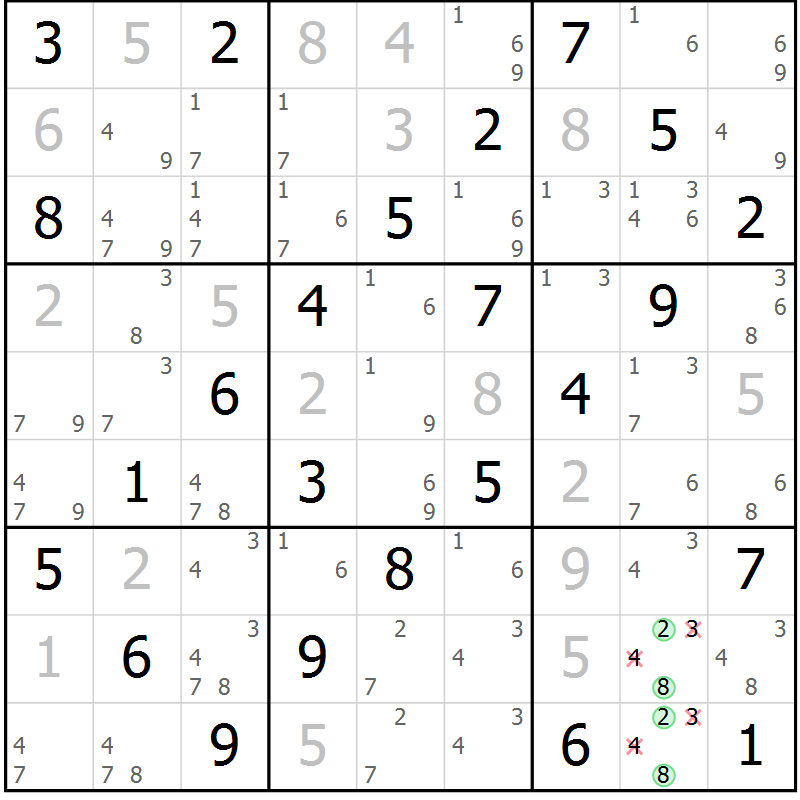 Position des candidats pour la solution de la Gr 69 page 72 du magazine de sudoku Virtuose n° 108